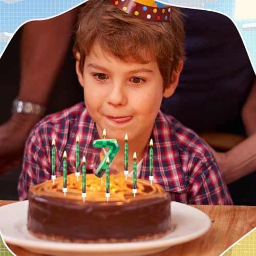 13 Pcs Dynamite Themed Birthday Cake Candles & Number 7 Candle Topper for Pixel Theme Birthday Party (13 Count)