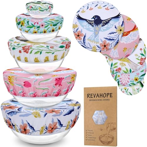 5Pcs Reusable Beeswax Elastic Bowl Covers for Bread Proofing and Food Cover (Floral Bird)