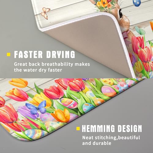 Easter Bunny Dish Drying Mat 16x18 inch Eggs Floral Fast Drying Pad Washable Reversible Microfiber Dish Drainer Mats for Kitchen Counter (Bunny Wood / 16" x 18")