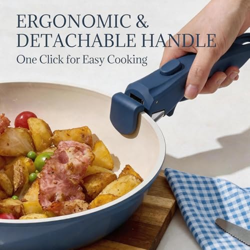 8Pcs Pots and Pans Set Nonstick Ceramic Cookware Set Removable Handle Induction Kitchen Cooking Set with Frying Pans and Sauce Pan (Blue)