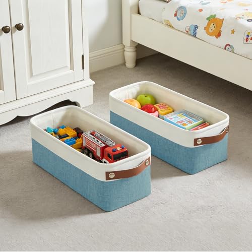 Small Fabric Storage Baskets (Teal / Off-White / Narrow-15"x6"x5")
