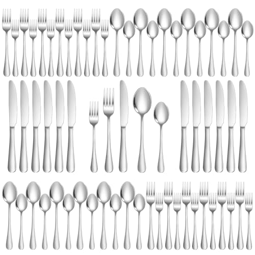 Silverware Set 60 Piece Stainless Steel Flatware Set Silverware Utensils for 12 People Includes Forks Knives Spoons & Salad Forks Dishwasher Safe for Home Restaurant or Outdoor Use (Silver / 60-Piece)