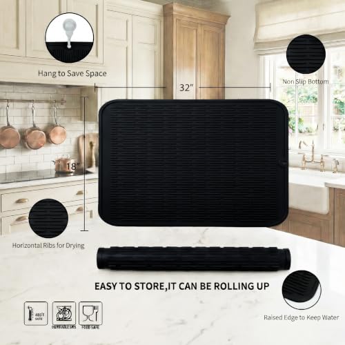 Silicone Dish Drying Mat for Multiple Usage (Black / 32"L x 18"W)