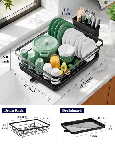 Dish Drying Rack for Kitchen Counter (Black / 12''W x 15.5''L - 1 Tier)