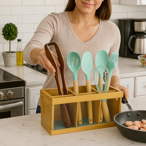 Wooden Utensil Holder Organizer with 6 Compartments