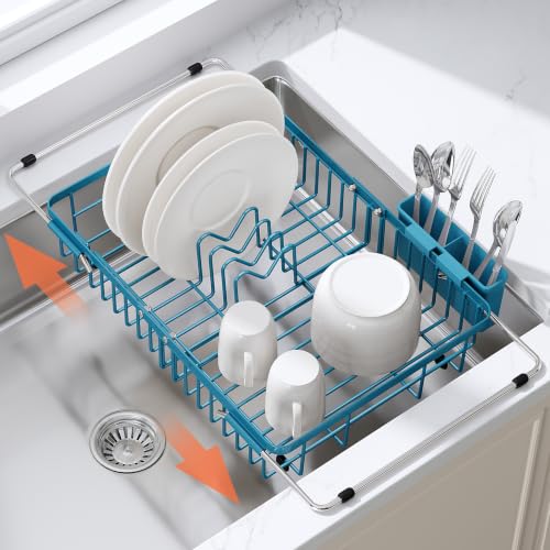 Blue Dish Drying Rack Over the Sink with Utensil Holder (Blue / For 12.5"-30"w Sink, Expandable)