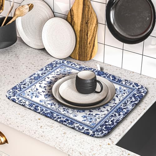 Boho Floral Dish Drying Mat 16x18 Inch Blue Leaves Kitchen Drying Pad Reversible Absorbent Dish Drainer Rack Mats Counter Tableware Decor (Blue Boho Floral / 16" x 18")