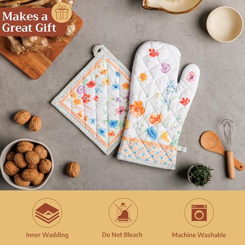 100% Cotton Oven Mitt & Pot Holder Set (039 - Summer Whisper / 7.5" x 13" & 8" x 8" (Oven Mitt & Pot Holder))