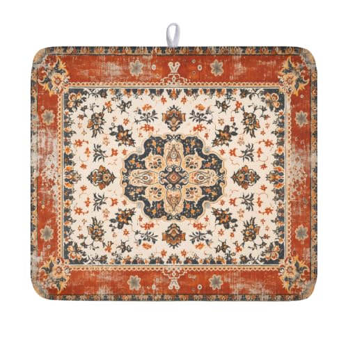 Ethnic Boho Dish Drying Mat Rust Coral Floral Decorative Dishes Pad 16x18 Inch Absorbent Fast Dry Drainer Rack Mats for Kitchen Countertop (Ethnic Boho Orange / 16x18 inch)