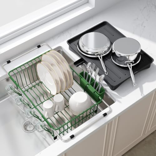Green Dish Drying Rack in Sink with Drainboard and Utensil Holder (Green / For 12"-30"w Sink, with Drainboard)
