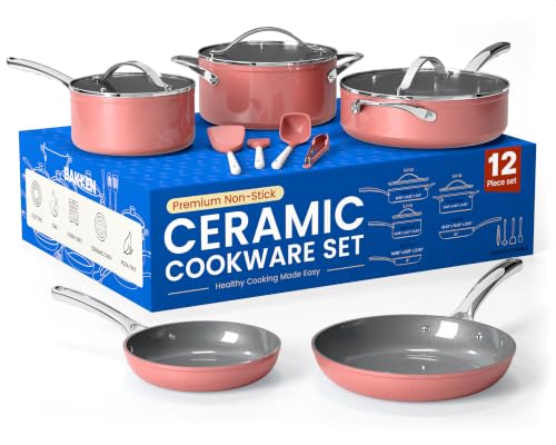Bakken 12 Piece Ceramic Cookware Set (Pink / Pack of 12)