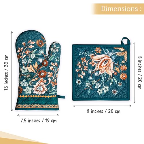 100% Cotton Oven Mitt & Pot Holder Set (048 - Luxury Loft - Dark Teal / 7.5" x 13" & 8" x 8" (Oven Mitt & Pot Holder))