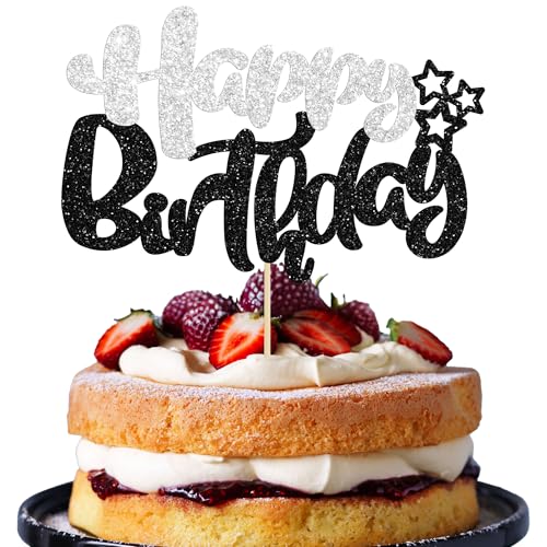 1Pcs Happy Birthday Cake Topper Glitter Cake Pick for Celebrating Anniversary Theme Party Cake Decorations Supplies Black and Silver (Style 2 / Black Silver)