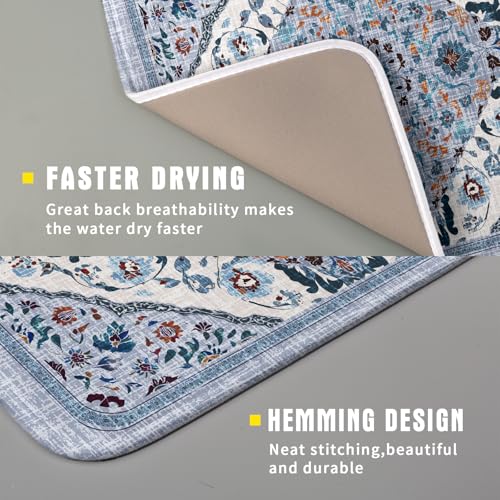 Boho Flower Dish Drying Mat Blue Bohemian Dishes Drainer Rack Mat 16x18 Inch Microfiber Kitchen Drying Pad for Countertop Tableware Decor (Blue Bohemian / 16" x 18")