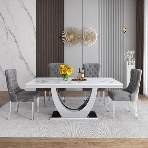Marble Dining Table Set for 4 (Silver-white & Grey Chairs / 5-piece (Table + 4 Chairs))