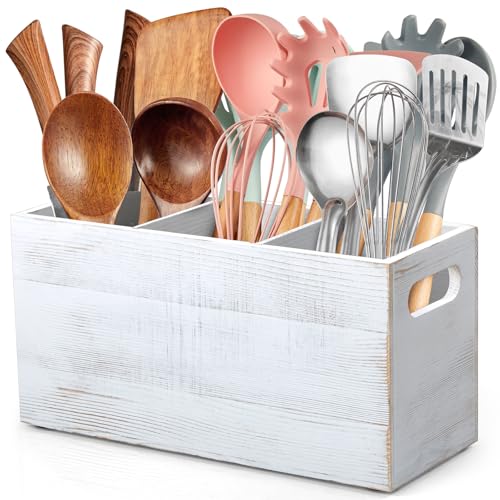 Rustic White Utensil Holder with Removable Divider (White / 3 Compatment)