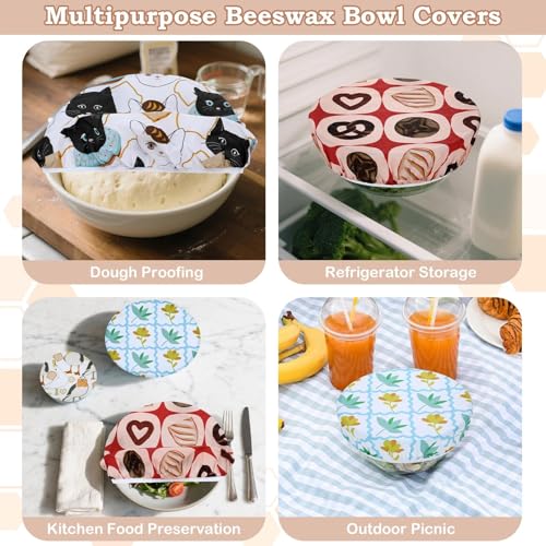5Pcs Reusable Beeswax Elastic Bowl Covers for Bread Proofing and Food Cover (Toast Cat)