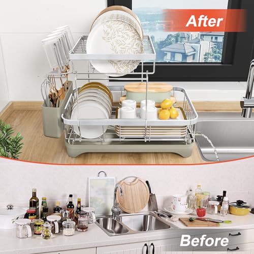 2 Tier Dish Drying Rack for Kitchen Counter (2-tier - Grey)