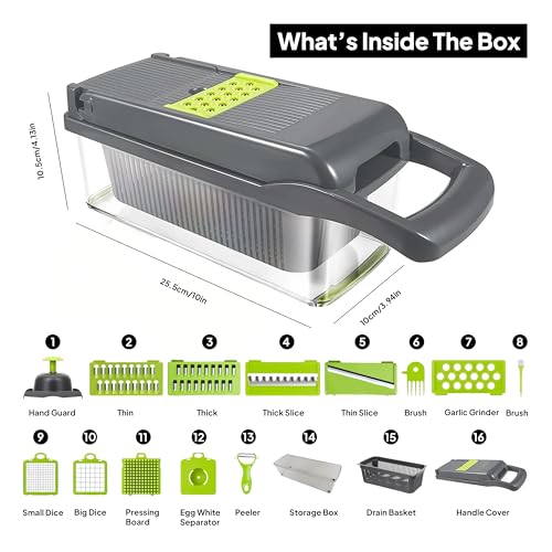16-in-1 Vegetable Chopper, Mandoline Slicer & Onion Dicer with 1.2L Container, Food Chopper with Stainless Steel Blades, Vegetable Cutter, Cheese Grater, Potato Slicer, Kitchen Gadget
