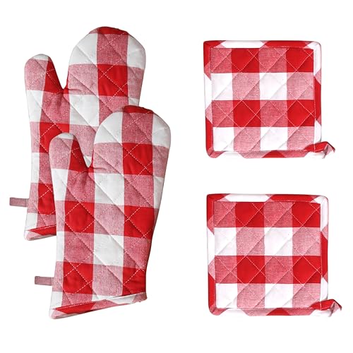 Buffalo Plaid Check Oven Mitts and Pot Holders Set of 4 (Buffalo, Red)