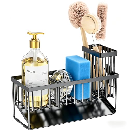 Sink Caddy Sponge Holder for Kitchen with Brush Holder and Stainless Steel Self Drain Tray