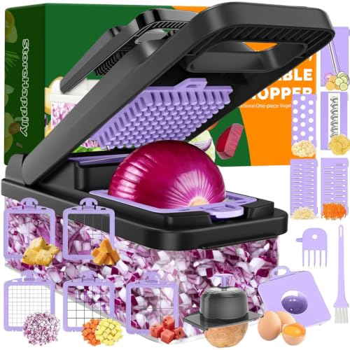 15-in-1 Vegetable Chopper 10 Blades, Veggie Cutter with Handle, Black/Purple (Purple / 10 blades)
