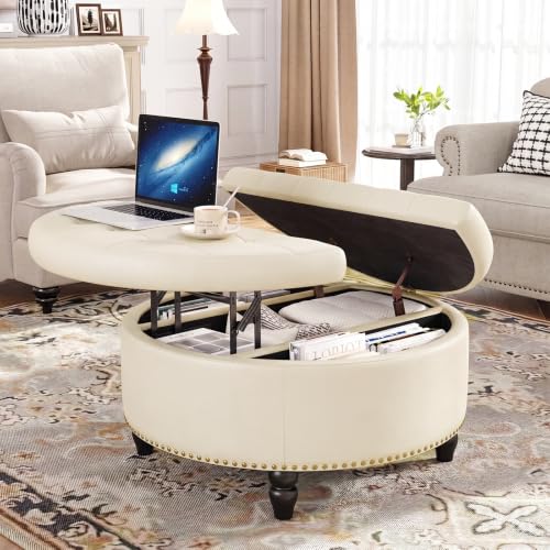 31.5" Large Round Ottoman with Storage Circular (Cream White)
