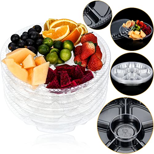 12 Pack Round Plastic Veggie Tray with Lid Fruit Tray 6 Divided Compartment Container Food Serving Dip Platter Reusable Catering Trays for Veggie Fruit Snack Party and Buffet Trays（Clear (Clear / 10inch)