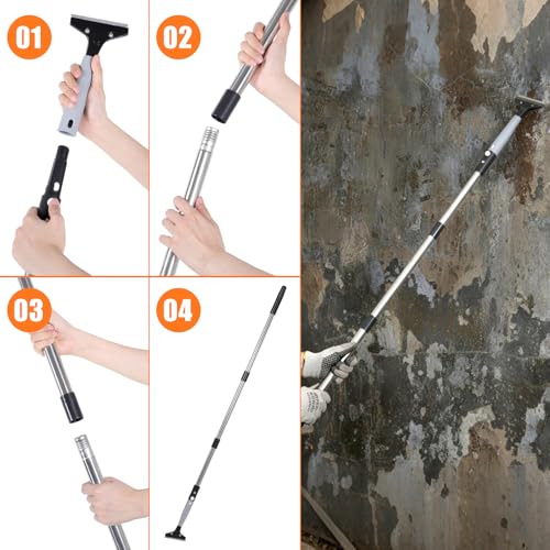 12 Pcs Floor Scraper Tool Set 52" Long Handle Metal Razor (Bright)