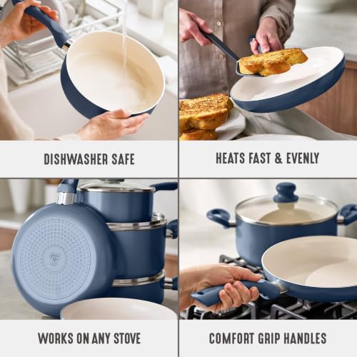 16pc Ceramic Nonstick Pots & Pans Cookware Set (16 Piece Cookware Set / Bloom / Slate Blue)