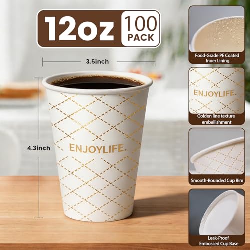 Disposable Paper Coffee Cups 12 oz 100 Count (W-Gold - 12 oz)