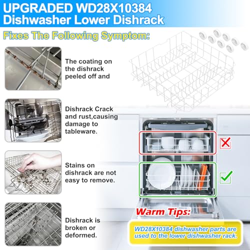 Upgraded WD28X10384 WD28X10309 Dishwasher Lower Rack Compatible with GE Dishwasher Rack Replacement Parts (22.2in x 21.3in x 7.3in WD28X10384 GE Rack)