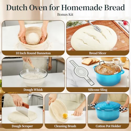 Enameled Cast Iron Dutch Oven pot 6.5 QT with Lid for Bread Baking (Sea Blue)