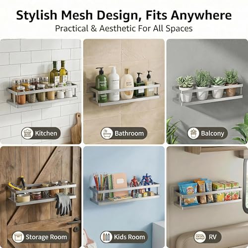 5-in-1 16.5" Extra Long Kitchen Organizer & Shower Caddy Set, Wall Mount Spice Rack with Paper Towel Holder, Utensil Holder & Soap Dish, Rustproof Mesh - Silver Gray, Guardrail (Silver Grey / 5-in-1 Minimalist (16.5" Extra Long))