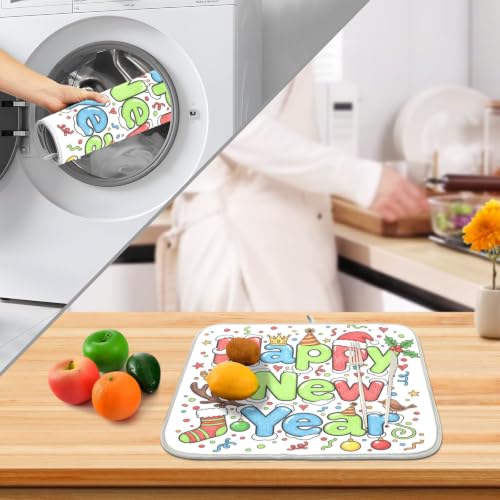 Cute Happy New Year Dish Drying Mat for Kitchen Counter Absorbent Microfiber Large Drying Pad Dish mats for Kitchen Countertops 18 x 24 Inch (Happy New Year / 24" x 18")