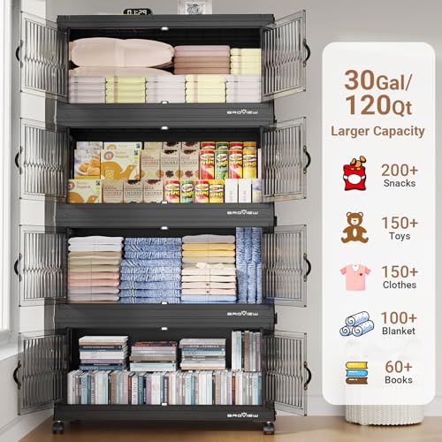 120Gal Stackable Storage Bins with Lids Foldable Boxes (Black / 30Gal-4Pack)