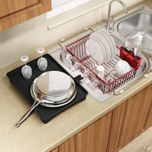 Red Expandable Dish Drying Rack Over Sink with Extra Drainboard (Red / For 11.5"-16" W Sink with Cup Holder & Drainboard)
