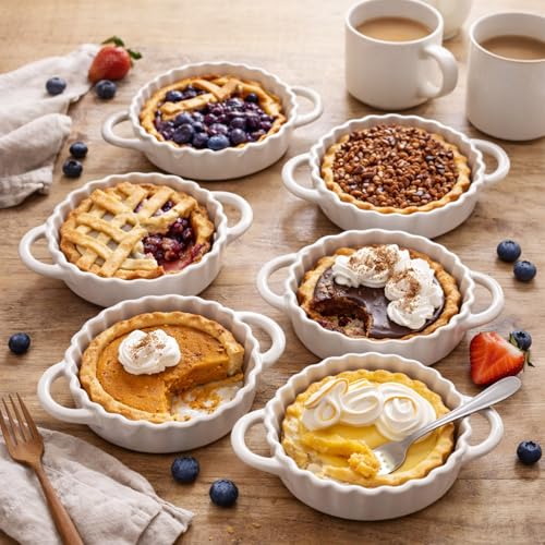 5in Ceramic Mini Pie Pan Set of 6 with Handles for Pie Quiche Tart. Easy to grip (White / 5IN*1.2IN)
