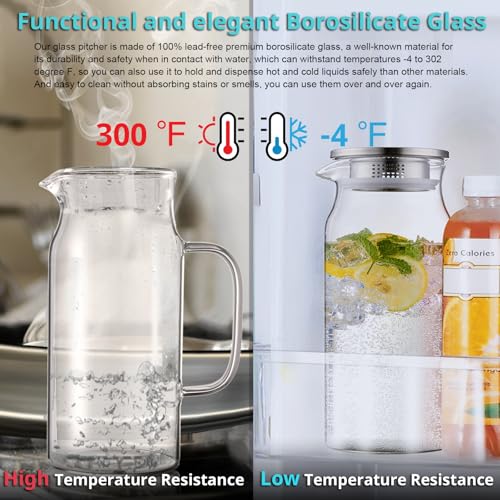 3 Pack 2 Liter 68 oz 2.1 Qt Glass Pitcher with Lid and Handle (Clear / 68 Ounces (3 Pack))