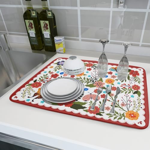 Large Microfiber Dish Drying Mat Red Floral Absorbent Drying Pad for Kitchen Counter (Light Flowers Red / 24" x 18")