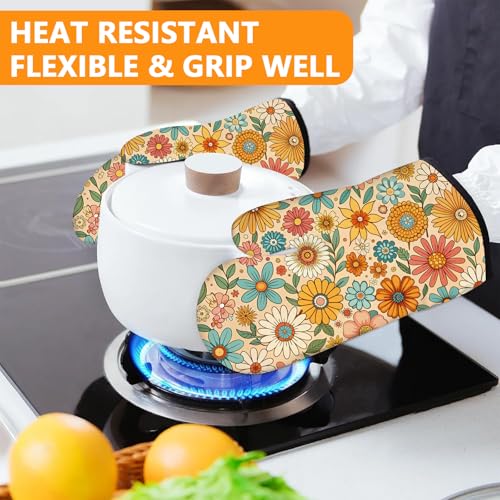 Boho Floral Oven Mitts and Colorful Flowers Pot Holders Sets 4Pcs (Boho Floral)