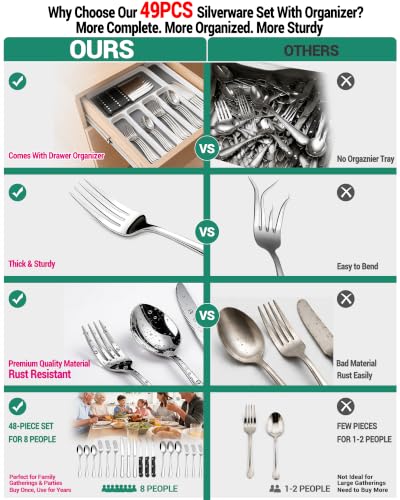49 Piece Silverware Set with Organizer (Silver)