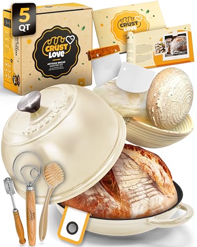 5 QT Enameled Dutch Oven for Bread Baking with Lid & Starter Kit (Cream white / 5QT Dome)