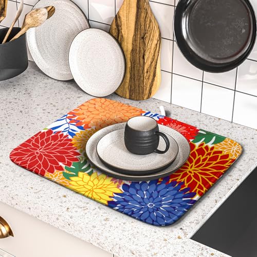 Modern Floral Dish Drying Mat 16x18 in Multicolored Tropical Drying Pad for Kitchen Counter (Modern Florals Colorful / 18" x 16")