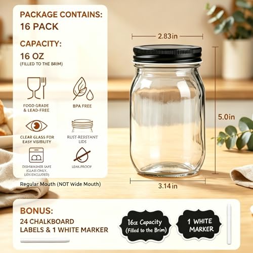 16 oz Glass Jars With Lids (16oz - Black Lid)