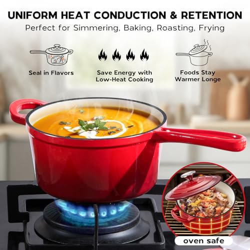 Enameled Cast Iron Sauce Pan (Red / 1+2 Quarts)