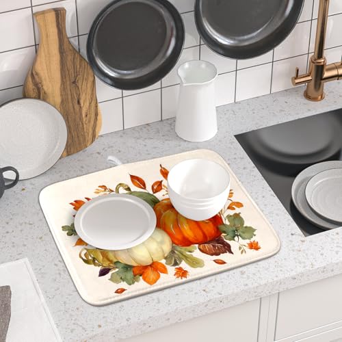 Fall Pumpkin Dish Drying Mat Autumn Leaves Absorbent Dishes Pad 16x18 Inch Seasonal Microfiber Dish Drainer Rack Mat for Kitchen Countertop (Fall Pumpkin / 16x18 inch)