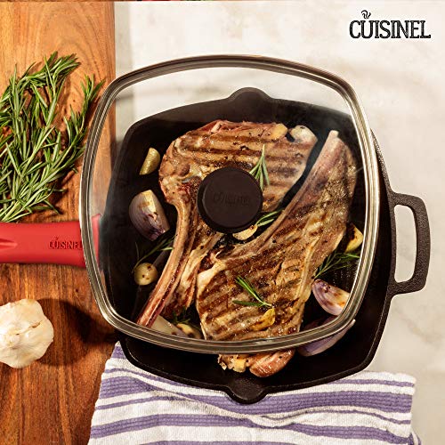 Cast Iron Square Grill Pan + Glass Lid + Pan Scraper + Handle Cover (Grill Pan + Lid)