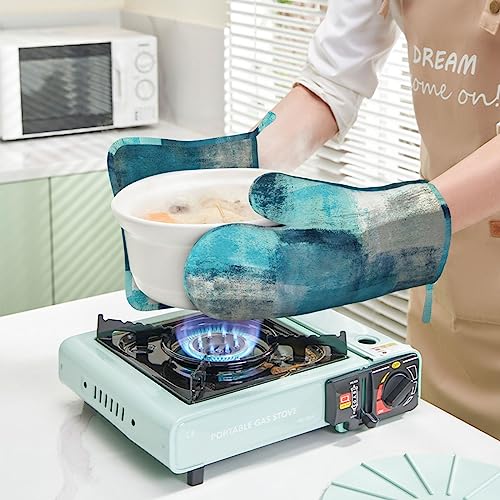 Modern Art Abstract Gery Turquoise Oven Mitts and Pot Holders Sets Silicone Turquoise Kitchen Mitts Potholders Heat Resistant 4Pcs Teal Oven Gloves Hot Pads for Kitchen Baking Cooking BBQ (Teal Abstract)