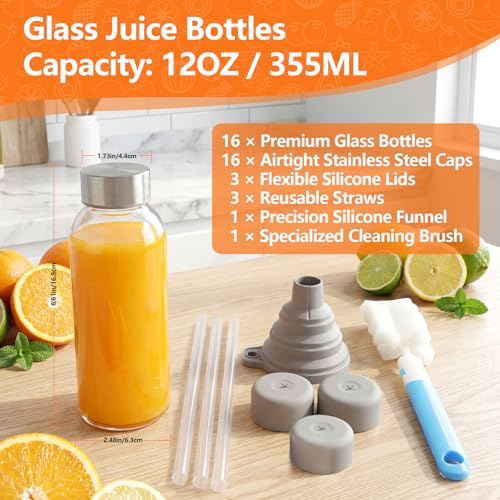 Glass Juice Bottles with Lid 12 oz (Clear Glass Bottle 16 Pack / 12 Ounces)